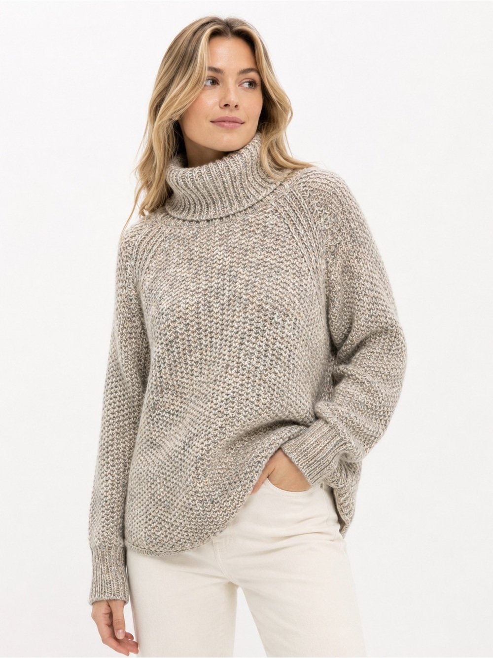 PrAna Chunky Knit Turtleneck Sweater L Marled Beige Gray Wool Alpaca Cozy